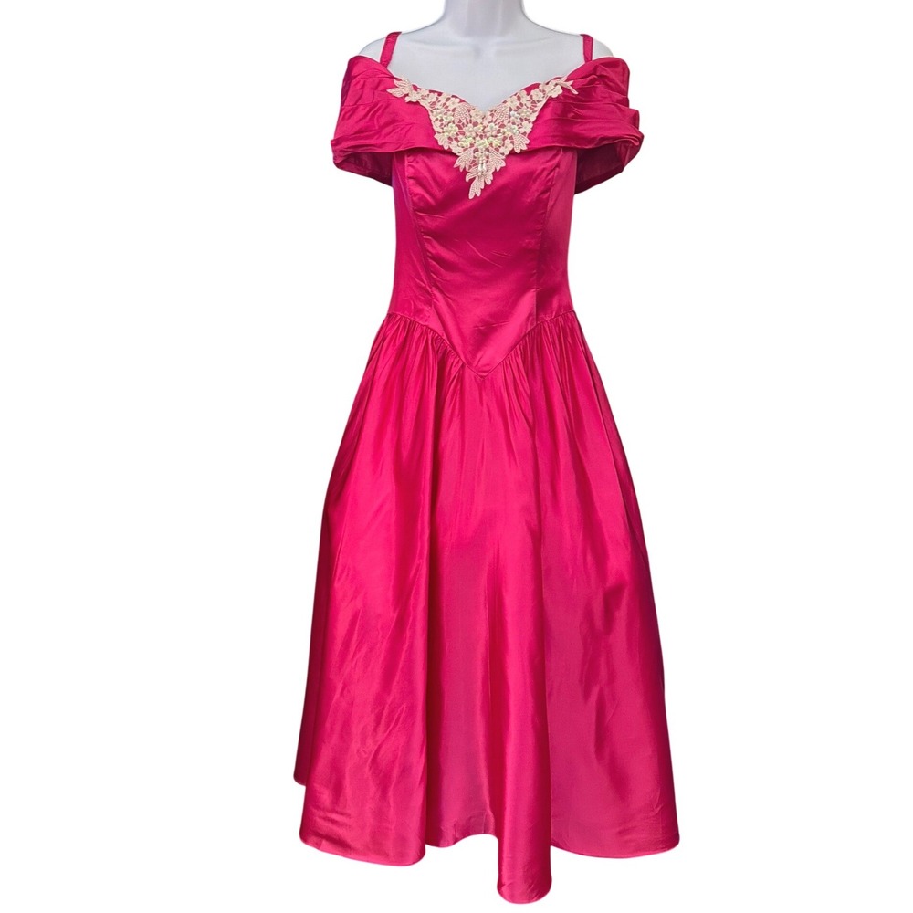 Vintage Pink Satin Formal Dress 80s Prom Barbiecore Regencycore Romantic Gown